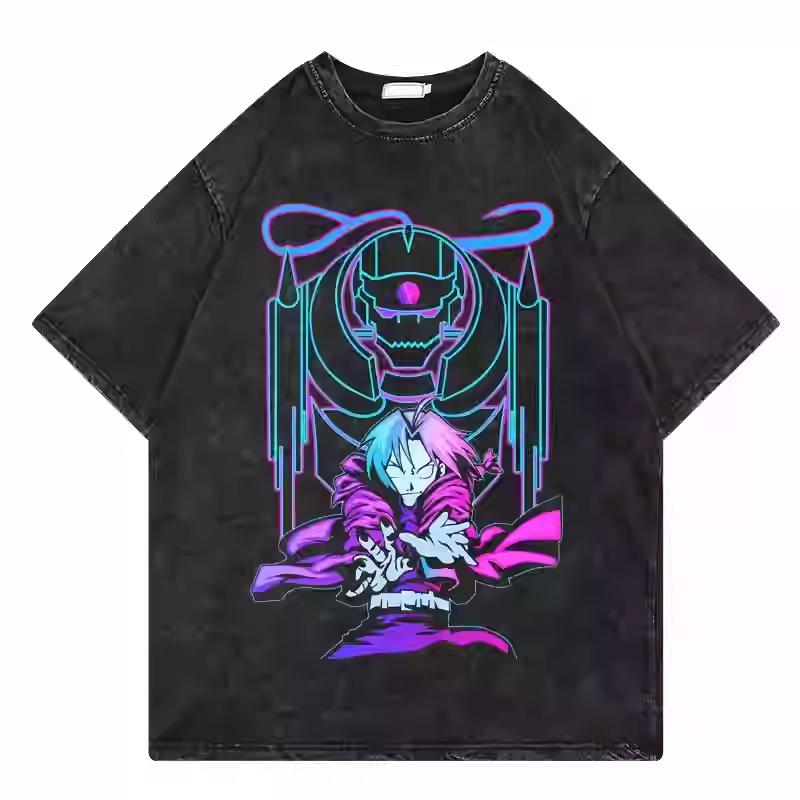 T-shirt Grafica Anime Fullmetal Alchemist Brotherhood Cornice Gotica Fratelli Uomo Donna Vintage Lavato Girocollo Cotone Oversize Top Girocollo Cotone