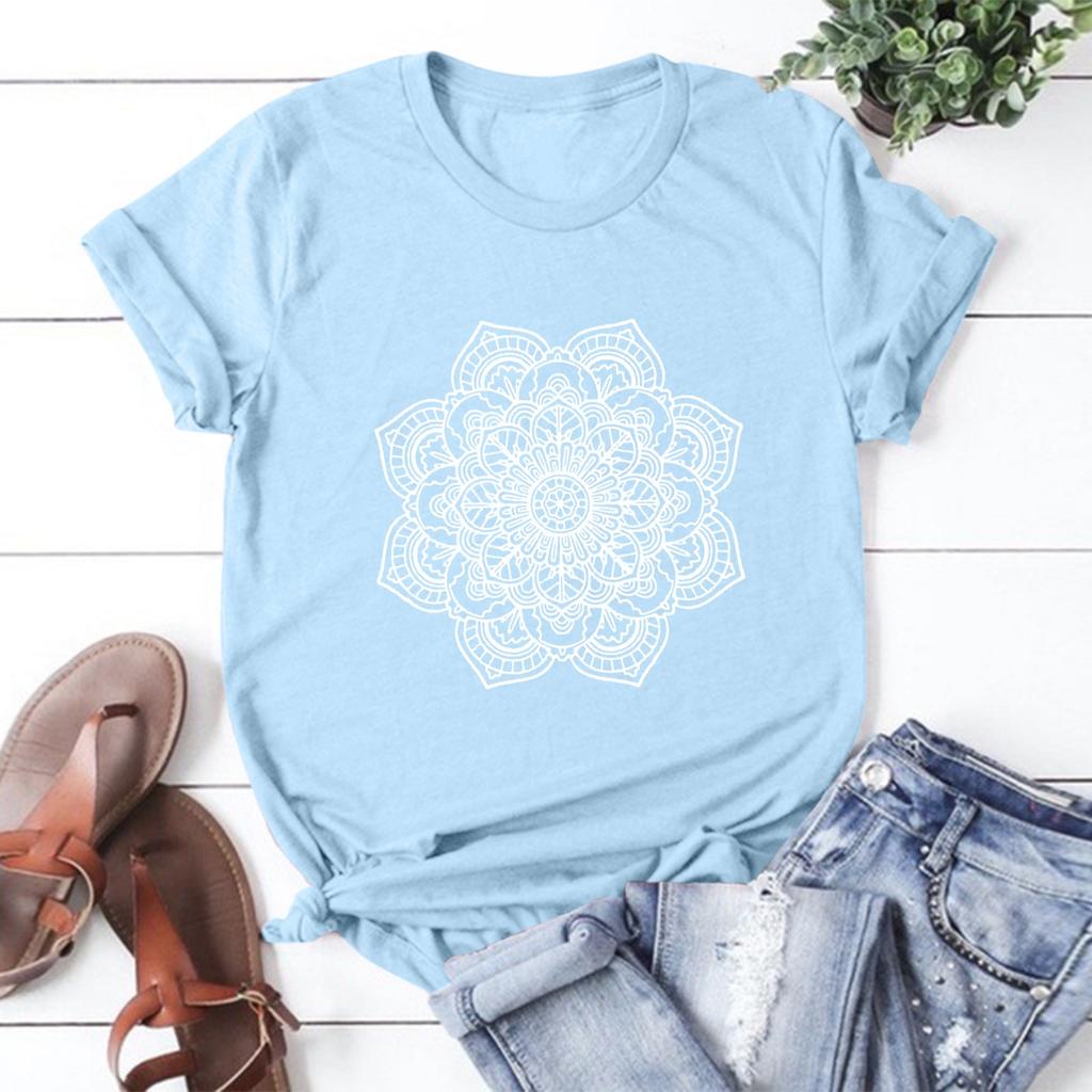 Women's Fashion Casual Round Neck Short Sleeve Flower Print T-Shirt Top
