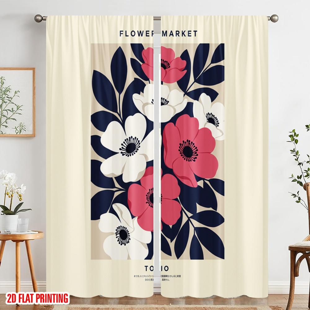 2pcs 2D Flat Printing Window Curtains Floral Market Tokio Polyester Without Electricity Festive Holiday Perfect for Festive Wall
