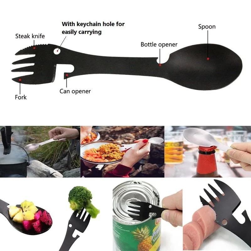 Camping Fork Spoon Multi Function Spoon 5 In 1 Integrated Fork Spoon Outdoor Fork Spoon Picnic Cutting Knife Bottle Can Opener
