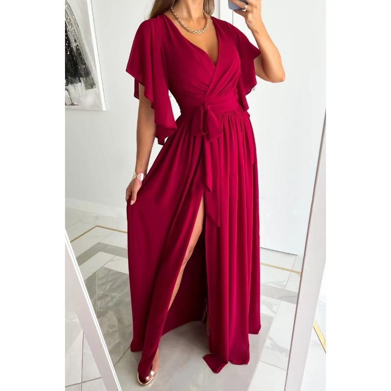 Women's Autumn Solid Colour Flared Sleeve Loose V-Neck Floor Length Dresses