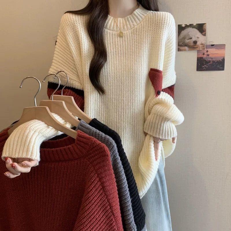 Frühling Herbst Neu Lässiger Stil Mode Farbblockdesign Lässiger Pullover Damen Mittelang Gestricktes Oberteil Trendig