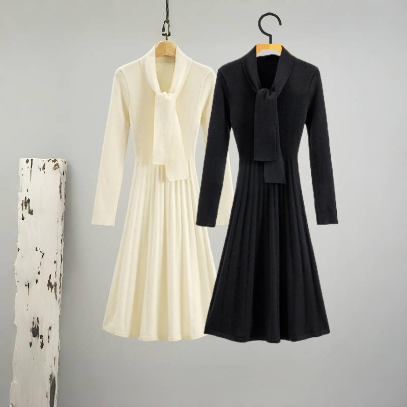 Dress Autumn Dress Long Hepburn Style Knitted Base Autumn Long Dress Temperament Socialite Retro Skirt Autumn and Winter