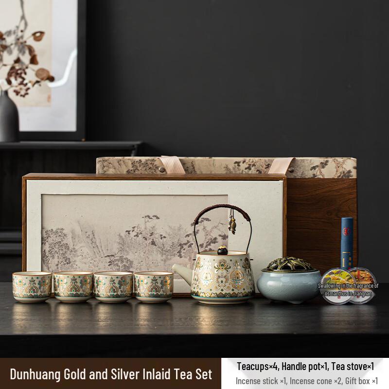 Premium Dunhuang Gold & Silver Inlay Ceramic Tea Set