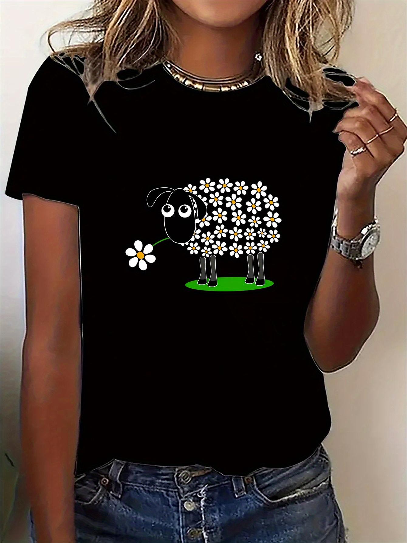 

Womens Casual Round Neck Short Sleeve TShirt with Cute Cartoon Sheep and Daisy Print for Summer Comfort Womens Clothing 4XL