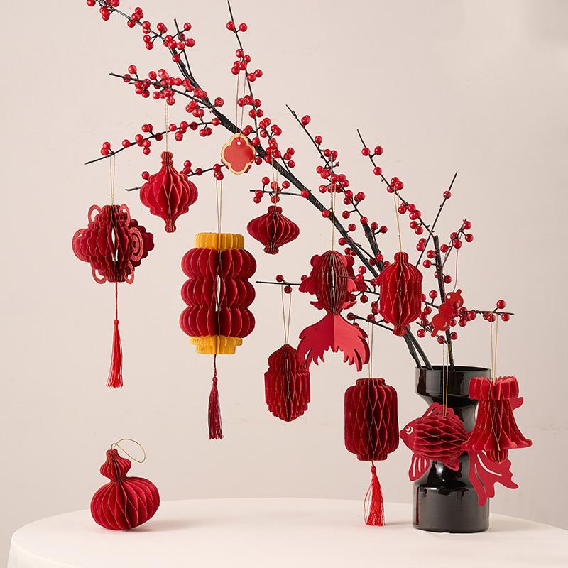 3D Chinese New Year Decorations 2026 Spring Festival Honeycomb Lucky Hanging Ornament Paper Lanterns Ornament with Bell Decor
