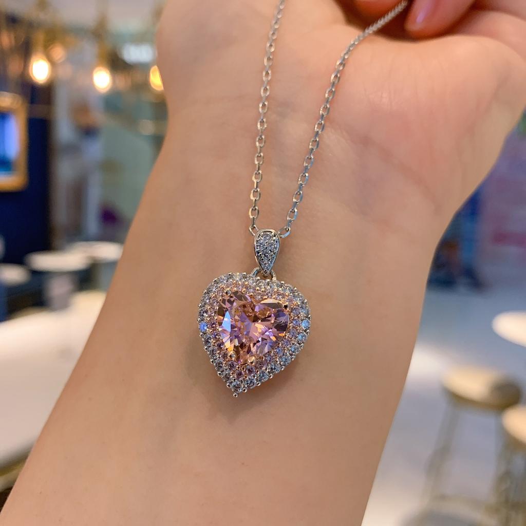 Tiktok Live Broadcast Cross Border Pink Love Necklace Heart Shaped Zircon Jewelry Three Piece Set Women's
