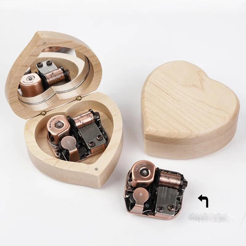 Creative Heart Shaped With Mirror Music Box Handmade  Wooden Music Box Home Decoration Ornament Birthday Gift Christmas ZG120