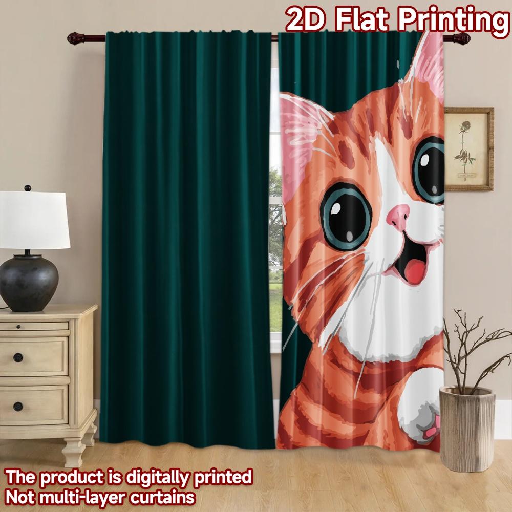 2D flat printing 2pcs Window Treatment Curtains Cute Cat Orange Tabby Digital Printed Polyester Drapes All Season Party &