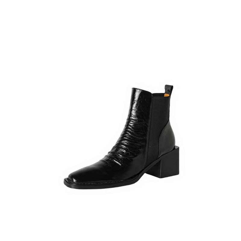 Fashion New Autumn/winter Genuine Leather Women Boot Square Toe Shoes for Women Fashion Boots High Heels Short Boots Black Handmade