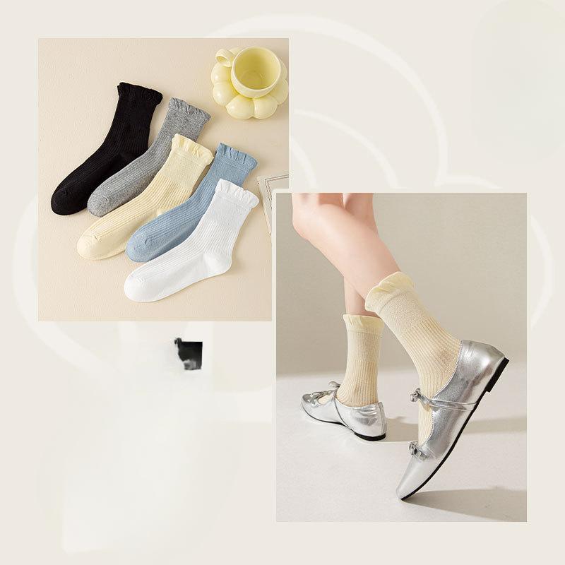 Lace Socks, Women's Mid-calf Socks, Summer Anti-slip Boneless Socks, Spring and Autumn Solid-colored Cotton Socks, Long Calf Pile Socks