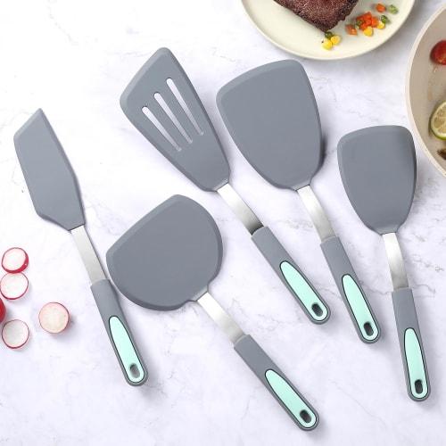 To Encounter Silicone Spatulas, 5-Piece Set, Non-Stick Silicone Turner Spatulas, Heat-Resistant Cookware for Fish, Eggs, and Pancakes, Light Gray
