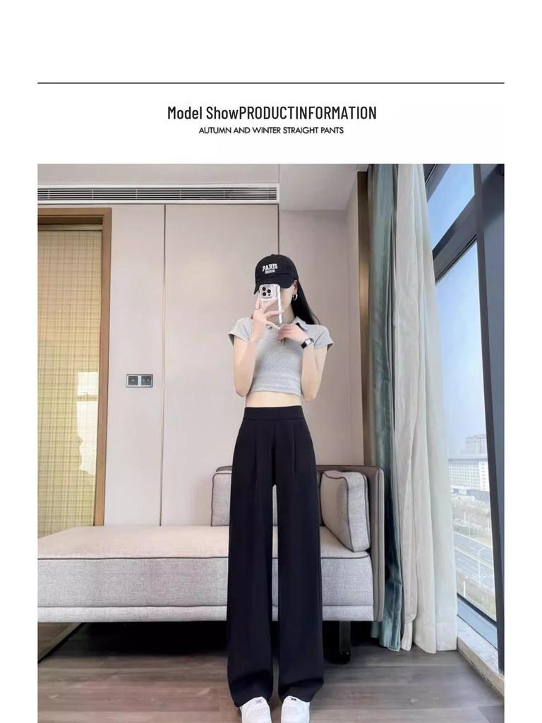 Women's 2026 High-End Grey Wide-Leg Pants - Spring/Summer Straight-Leg Design