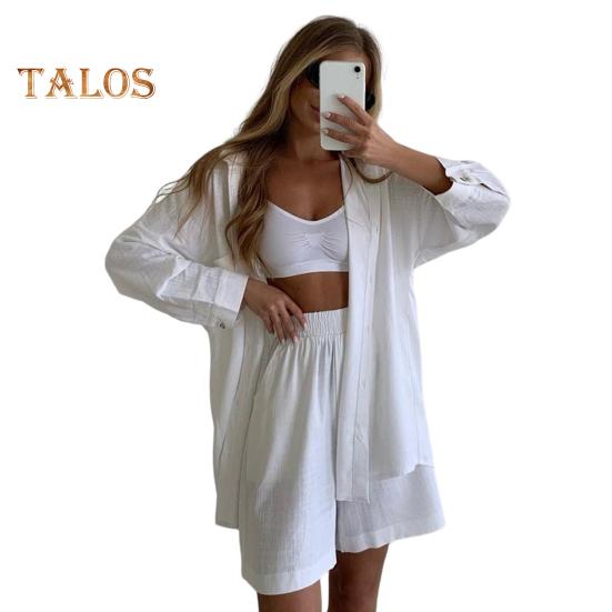 2 Piezas/Set Conjunto Camisa y Shorts para Mujer Color Sólido Manga Larga Cuello Solapa Blusa Cintura Alta Holgado Largo por Encima de la Rodilla Conjunto de Pantalones Outfit Casual para Ir al Trabajo