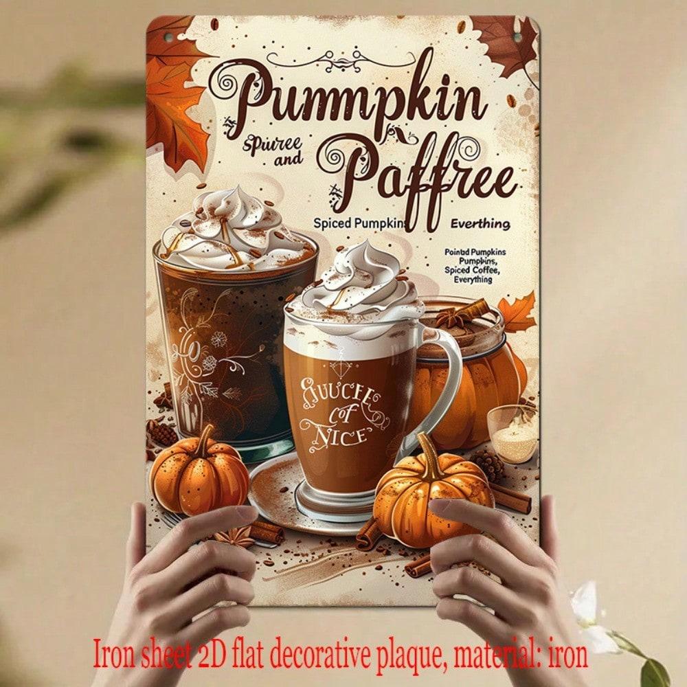 Vintage Autumn Metal Wall Art, Pumpkin Spice Latte Tin Sign, Rustic Cafe Decor, Halloween Thanksgiving Fall