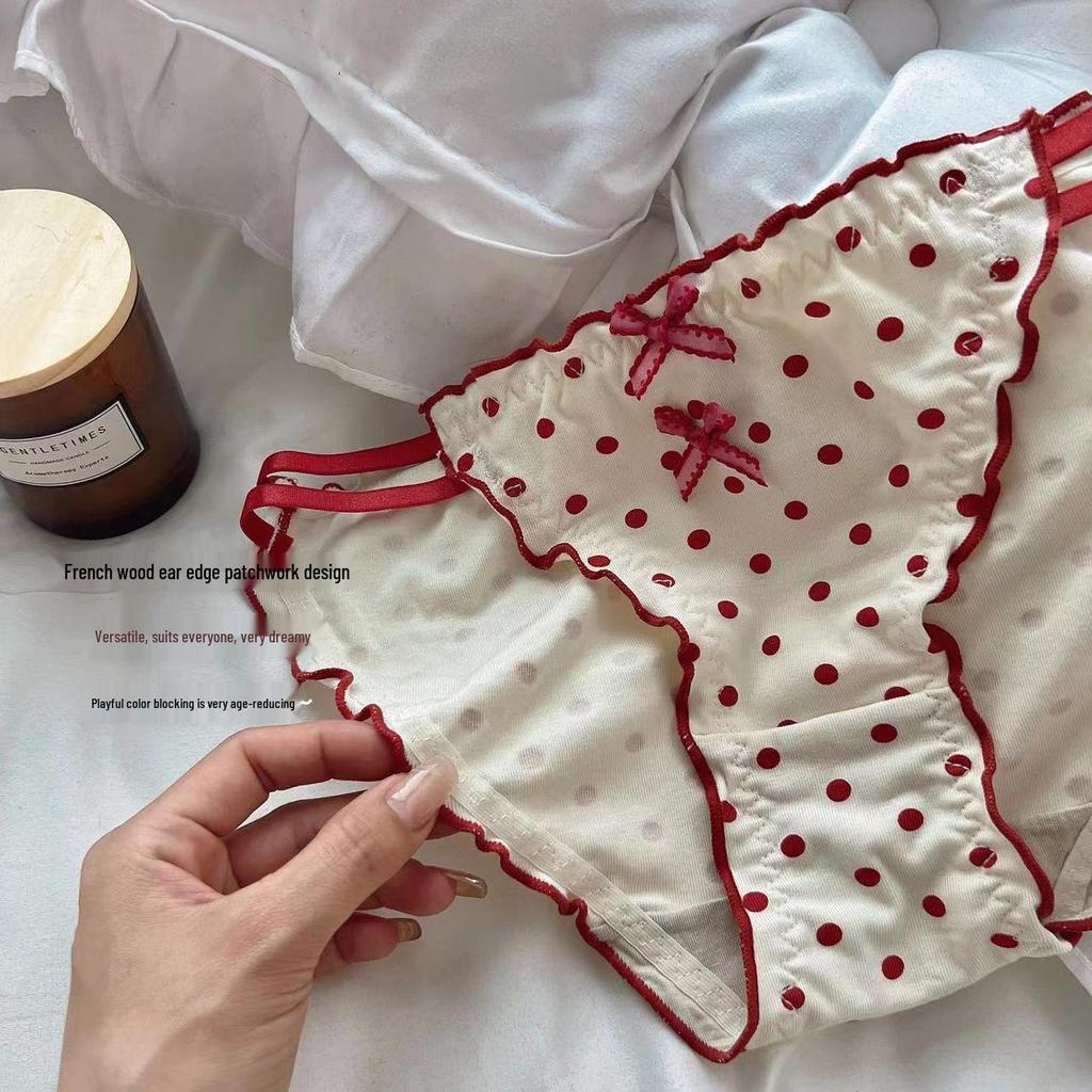 Milky Fufu Gentle Polka Dot Panties: Women's High Cut Bow Ruffle Lace-Edged Seamless Thong
