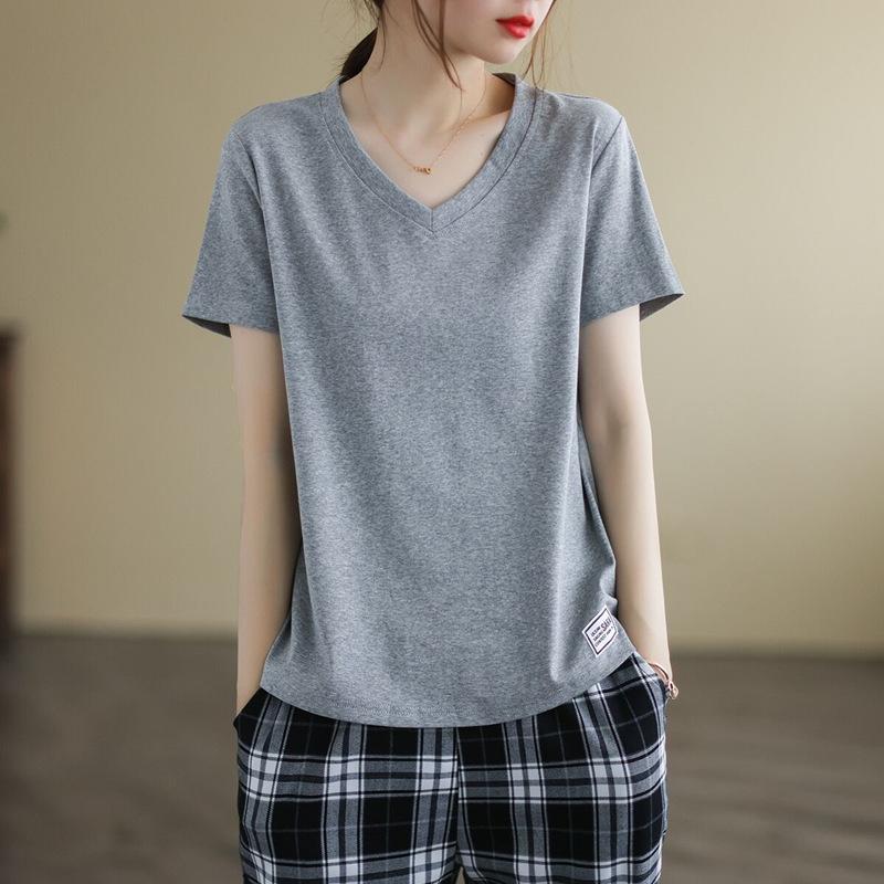 

Свободный топ женский летний новый топ с коротким рукавом V-образный вырез с лейблом футболка для нижнего слоя 4XL серый