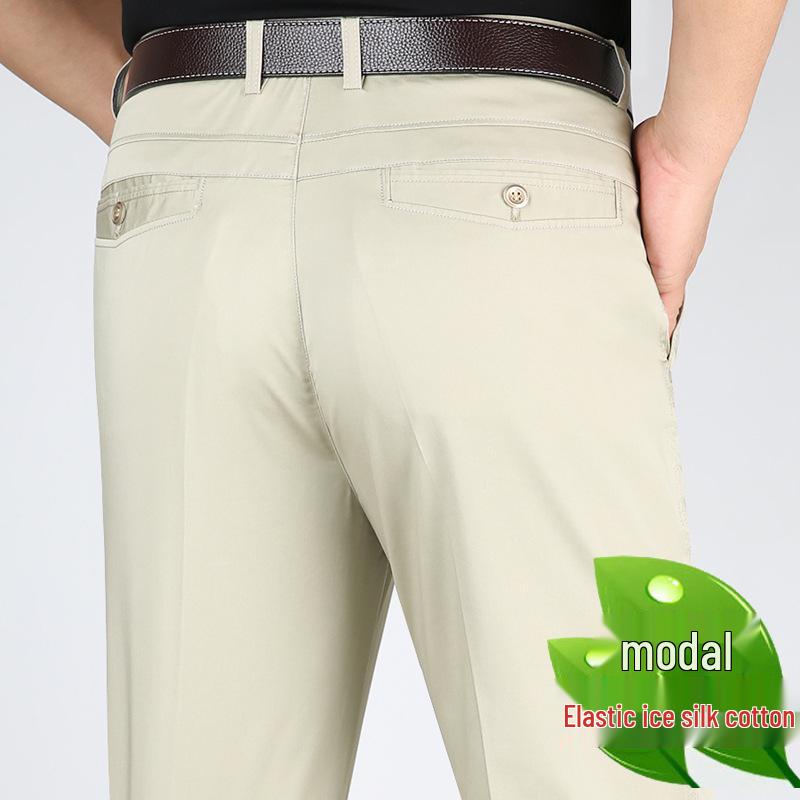 Men's High Waist Tencel Ice Silk Cotton Pants: Spring/Summer Casual, Straight-Leg, Non-Iron, Loose Fit.