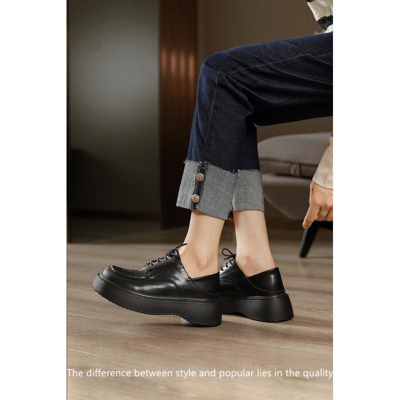 2025 autumn and winter big round head muffin sole single shoes leather lace-up black college style poetry small leather shoes women