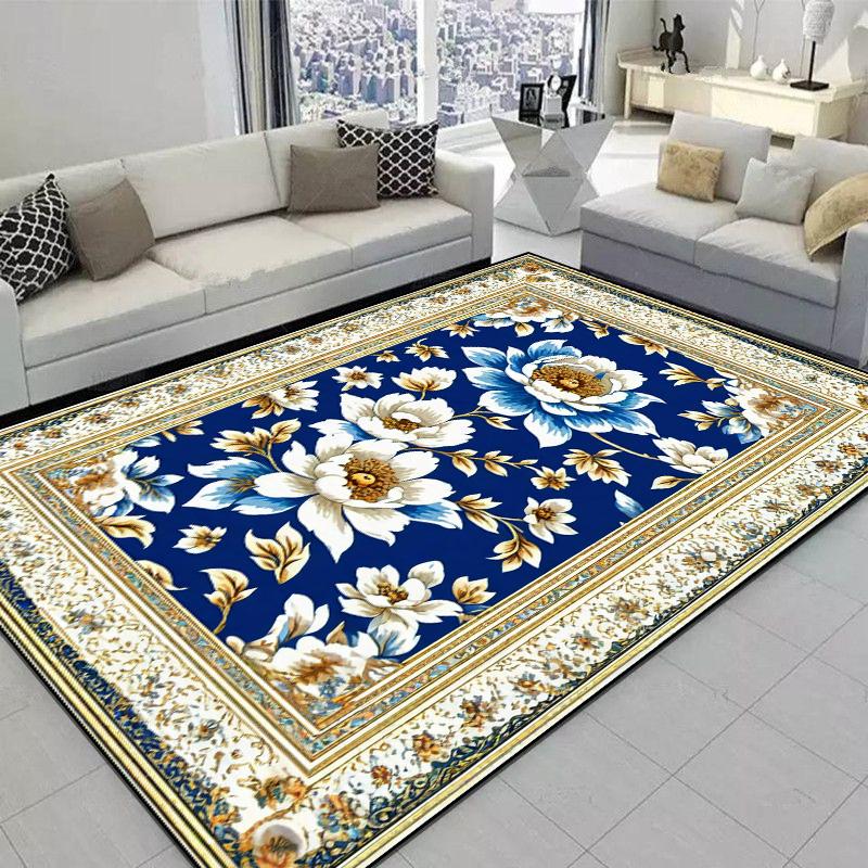 Carpet for Living Room European Classical Blue Flower Carpet Non-slip Bedroom Large Area Floor Mat Washable Cloakroom Lounge Rug