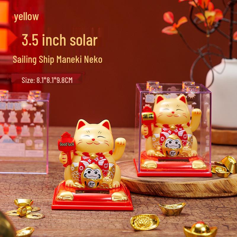 335 New Small Solar Waving Lucky Cat Ornament for Cake, Home, or Car Decoration