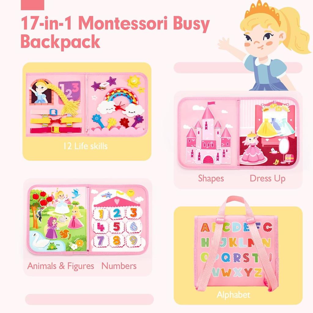 Montessori-Spielzeug für Kleinkinder, Lern- und Lernaktivitäten, Reisespielzeug, Dinosaurier, Ankleiden, sensorischer Rucksack für das Leben