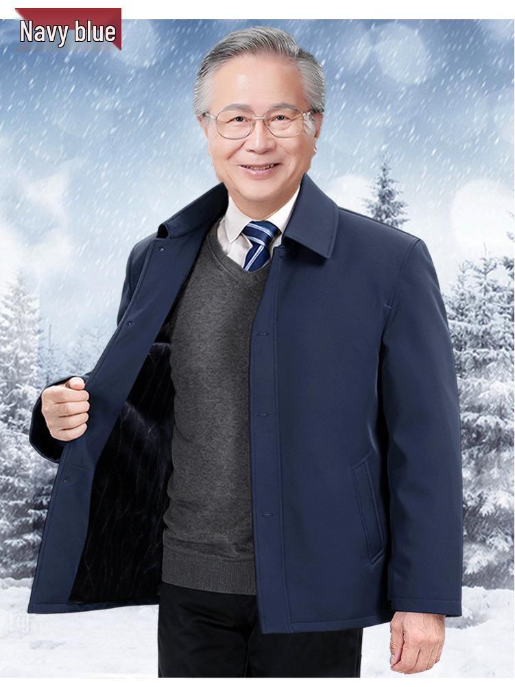 Elderly Men's Winter Fleece-Lined Cotton Jacket, Short Style for Ages 50-70