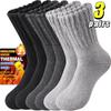 3Pairs Thick Mid Tube Wool Socks for Women Winter Thermal Stretch Against Cold Snow Terry Socks Solid Colors Sports Crew Socks
