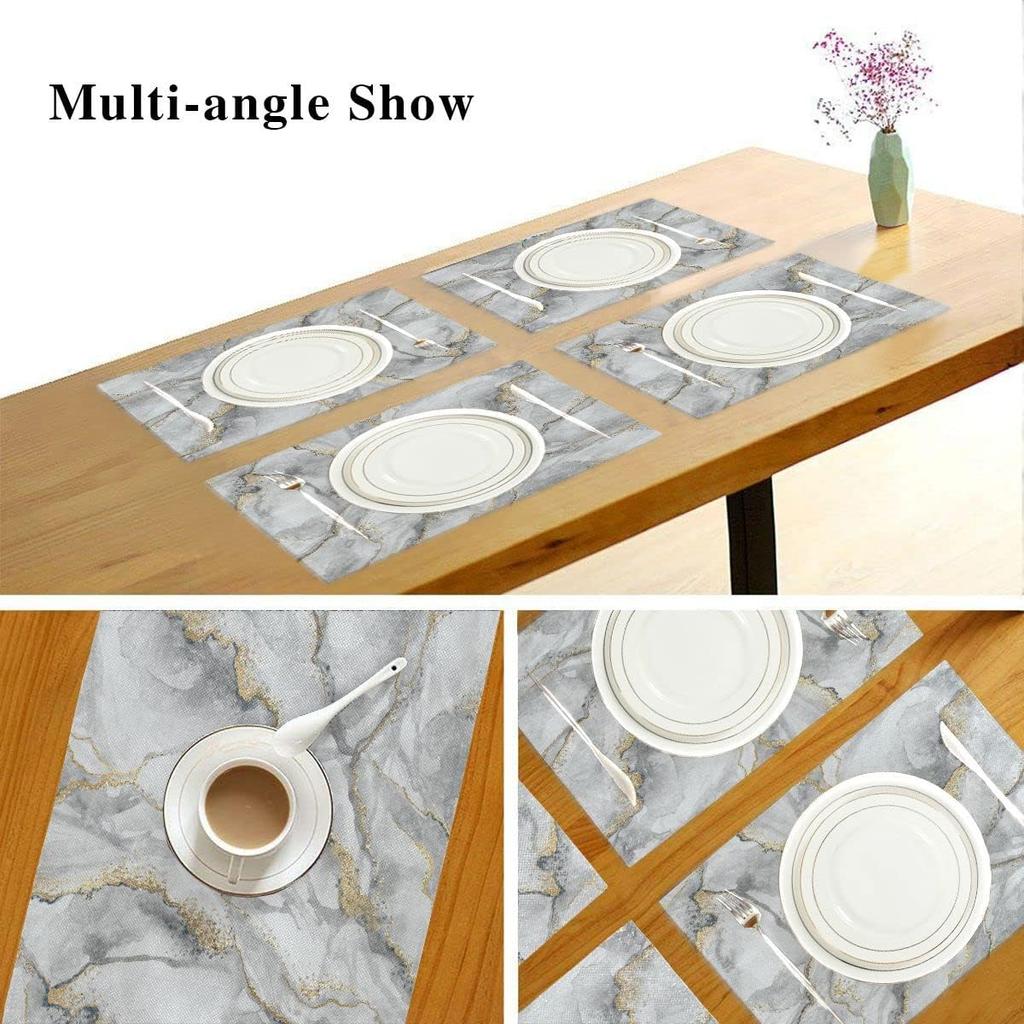 Placemats Set of 6, Abstract Texture White Marble Gold Veins Dining Table Mats Non Slip Vinyl Placemat Kitchen Heat Resistant Washable