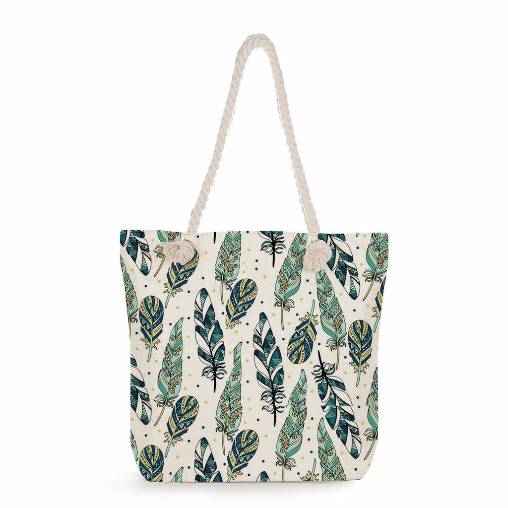 Feather print thick rope single-shoulder beach bag 7221