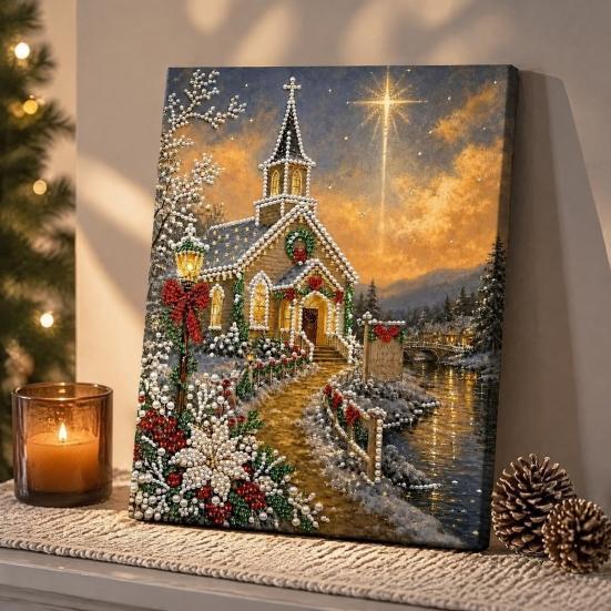 Faux Pearl Painting for Adults Christmas Church Art Kit, DIY 15.75 Easy X 11.81 Inch Beginners Craft Adults, Relaxing Home Decor Sparkling Gemstone