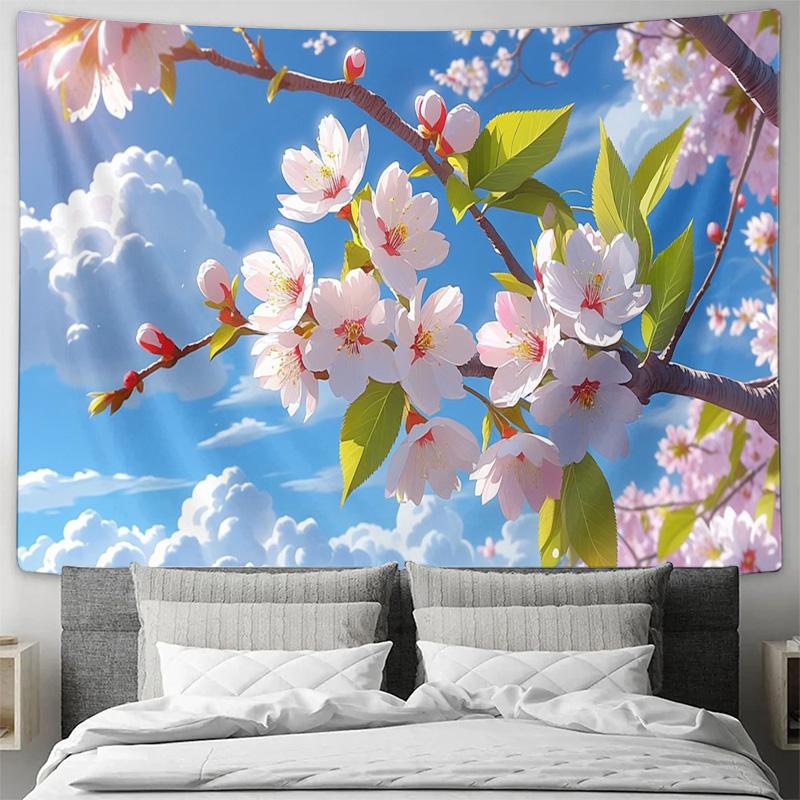 Cherry Blossom Blooming Spring Scenery Tapestry  Romantic Sakura Wall Decor and Home Decoration Fabric Hanging Art