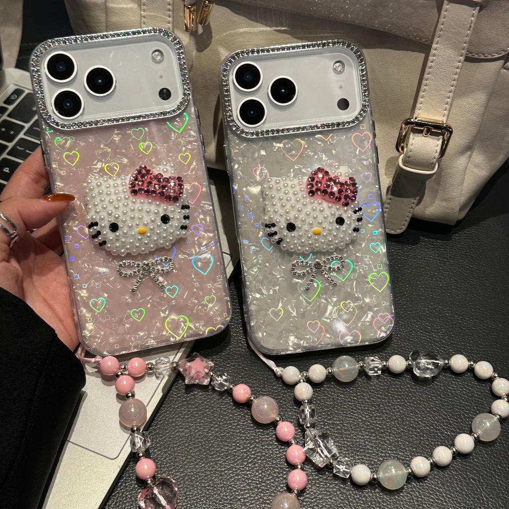 Applicable to Apple 17promax cute mobile phone case iphone15 large hole love shell pattern kt cat head 14 bracelet