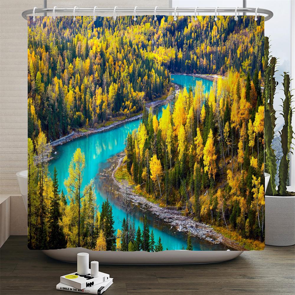 Natural Scenery Shower Curtain Set Forest Waterfall Spring Landscape Home Bathtub Decor Waterproof Polyester Bathroom Curtains