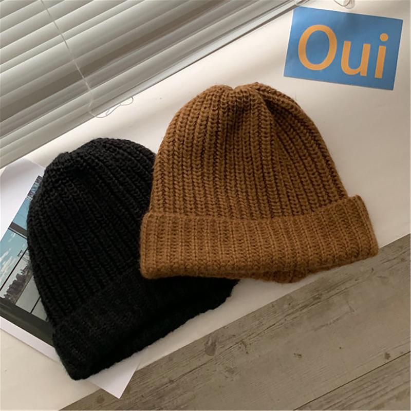Winter Warm Knit Beanie Women Korean Hip Hop Loose Wool Hat Soft Thick Black One Size 1 Pack