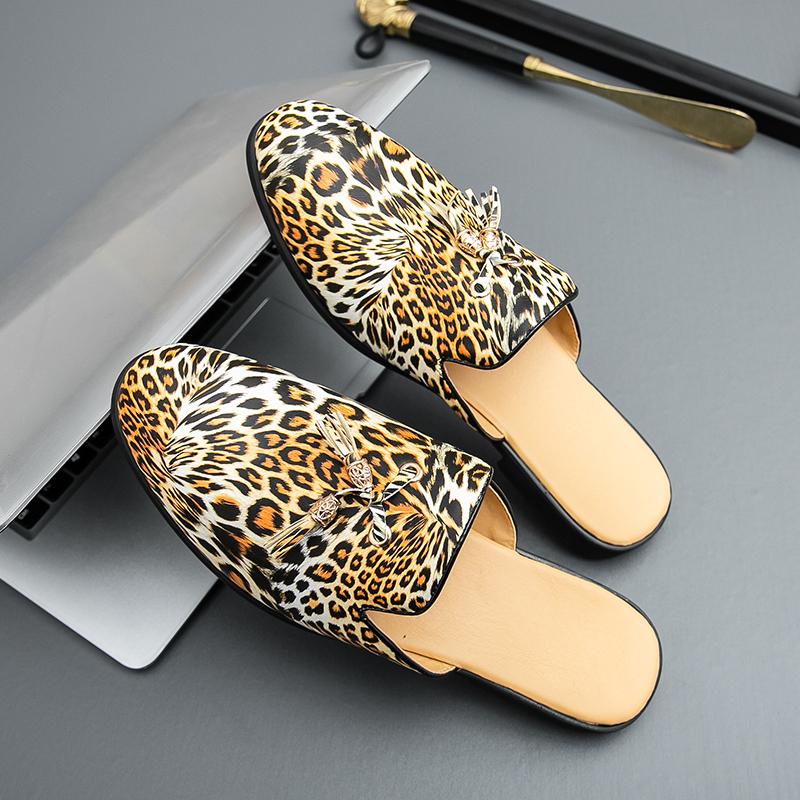Men's Big Size Leopard Print Slip-On Mules Summer Leather Slippers Comfortable Casual House Shoes Breathable Open Toe Sandals