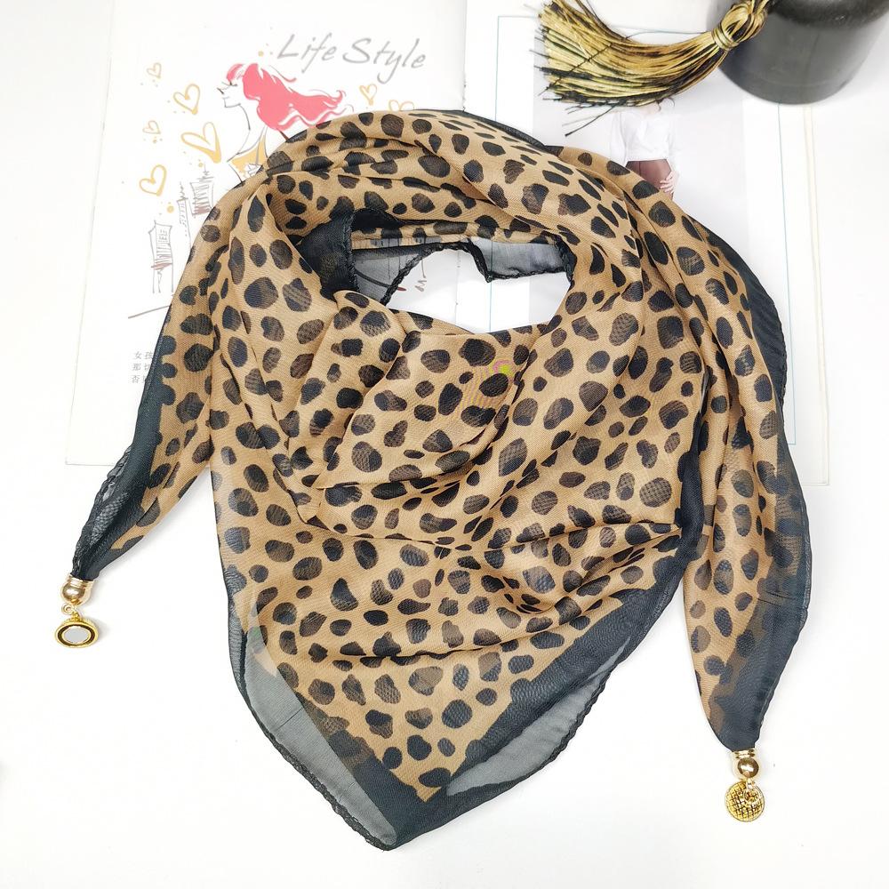 Magnetic clasp leopard print silk scarf for women, lazy neck scarf with pendant, thin chiffon neck warmer, versatile small neck scarf Magnetic clasp leopard pr