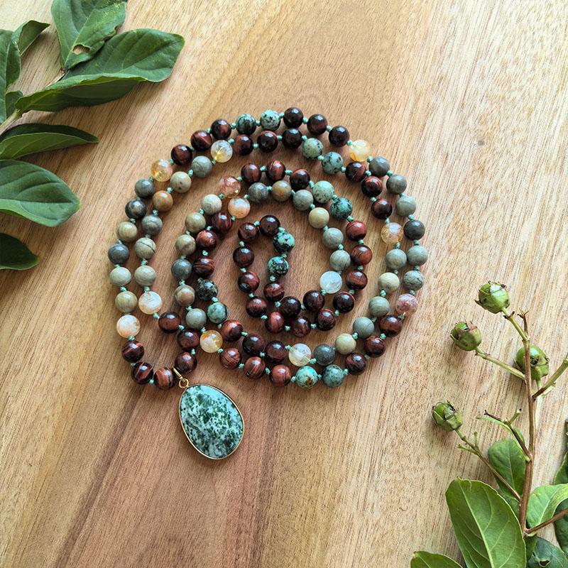 Silver Leaf Jasper,African Turquoise,Citrine Mala with Green Stone Pendant,108 Hand Knotted Healing Meditation Beads,Yoga Gift