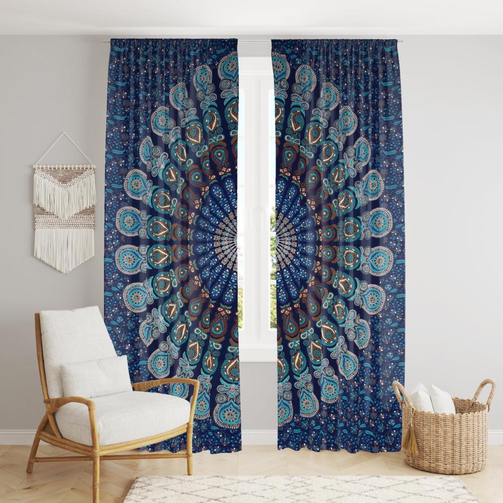

Bless International Beautiful Indian Bohemian Psychedelic Hippie Tree of Life Window Curtain Panels for Bedroom, Living, Balcony (Blue Golden Mandala) 83 L x 38 W