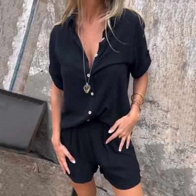 2 Pcs/Set Shirt Pants Suit Solid Color Short Sleeves Lapel Collar Blouse High Waist Loose Above Knee Length Shorts Set Casual Commute Outfit
