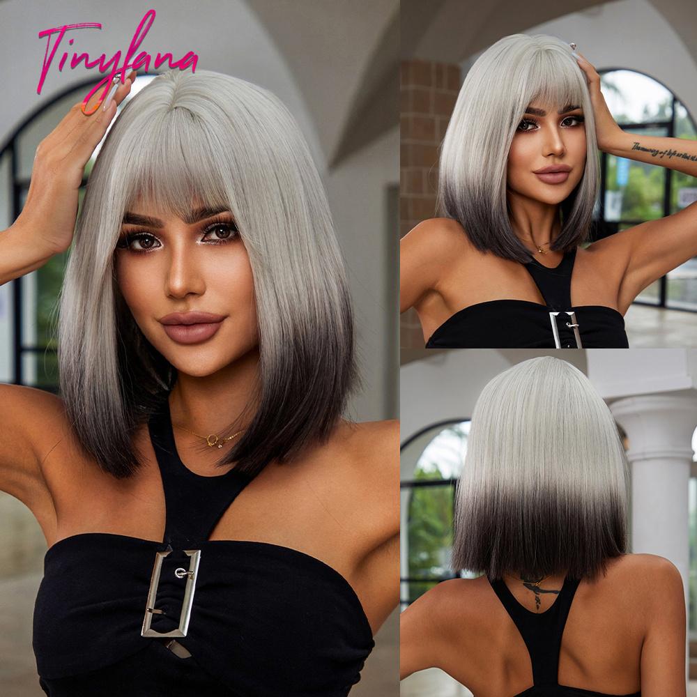 Bob Black Synthetic Wig with Bangs for Women Afro Short Dark Straight Wigs Cosplay Halloween Natural Hair Lolita Heat Resistant
