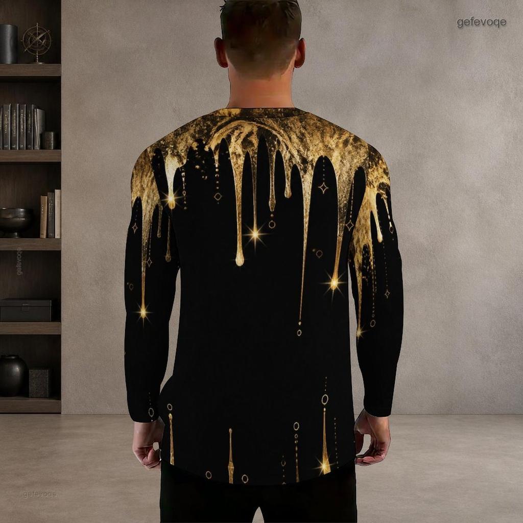 Men Plus Size Round Neck Long Sleeve Black Gold Geometric Printed T Shirt