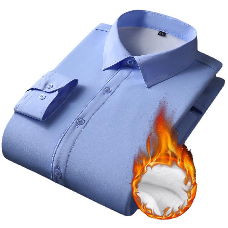 Men's Thickened Plus Velvet Solid Color Long Sleeve Warm Shirt for Business Casual - Autumn/Winter Wear