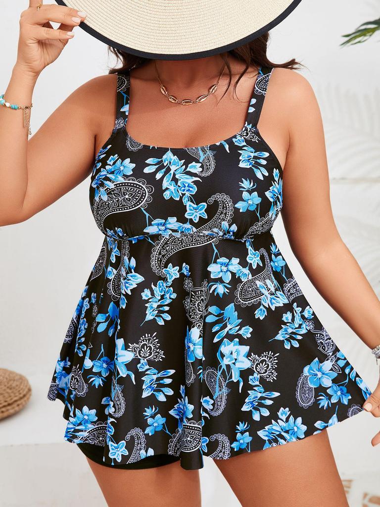 European American Plus Size High-Waisted Skirt Tankini Swimsuit - Slimming Tummy Cover