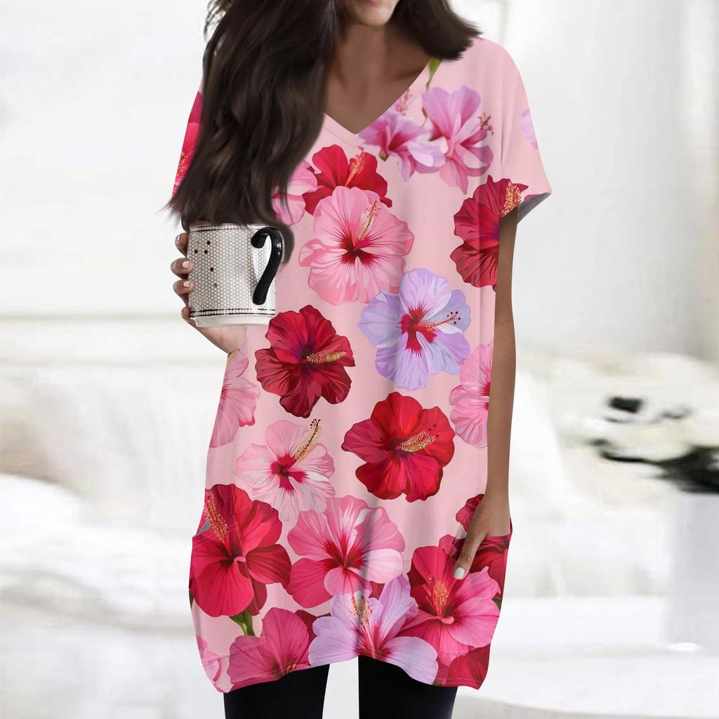 Haut Midi à Manches Courtes et Poches à Col en V pour Femme avec Imprimé Rétro Fleurs et Feuilles