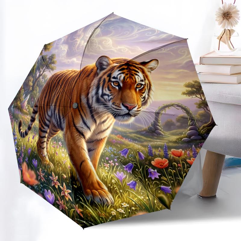 1pc Sturdy 8-Bone Auto Umbrella, Stylish Tiger Umbrella, Digital Printed, Foldable Umbrella for On-the-Go Outdoor Use