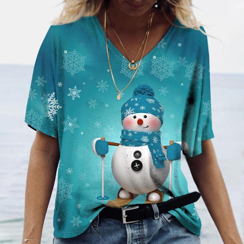 Plus Size 6XL Merry Christmas Women's Short sleeved V-neck T-shirt Christmas Tree Santa Claus Letter Print Simple Trendy Trend Women Clothing