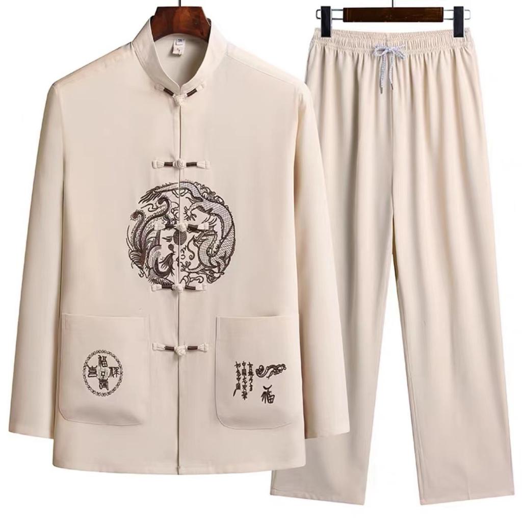 Spring Summer Male Printing Chinese Style Long Sleeves Shirts Trouser Sportswear Men's Casual Sets Shirts + Pants