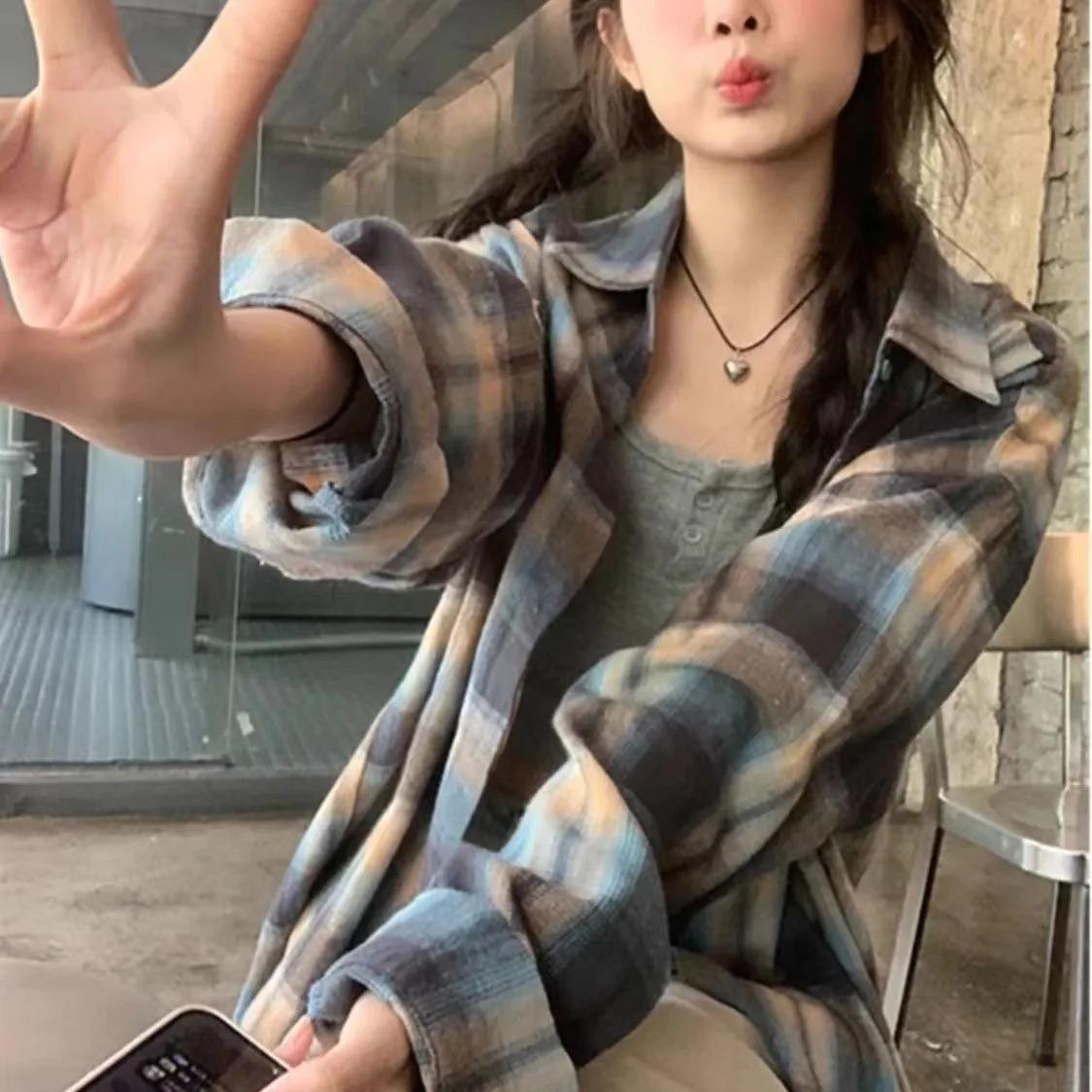 

Casual Slim Mid-length Shirt with Cardigan New Blue Checked Shirt Jacket for Women Loose S синій