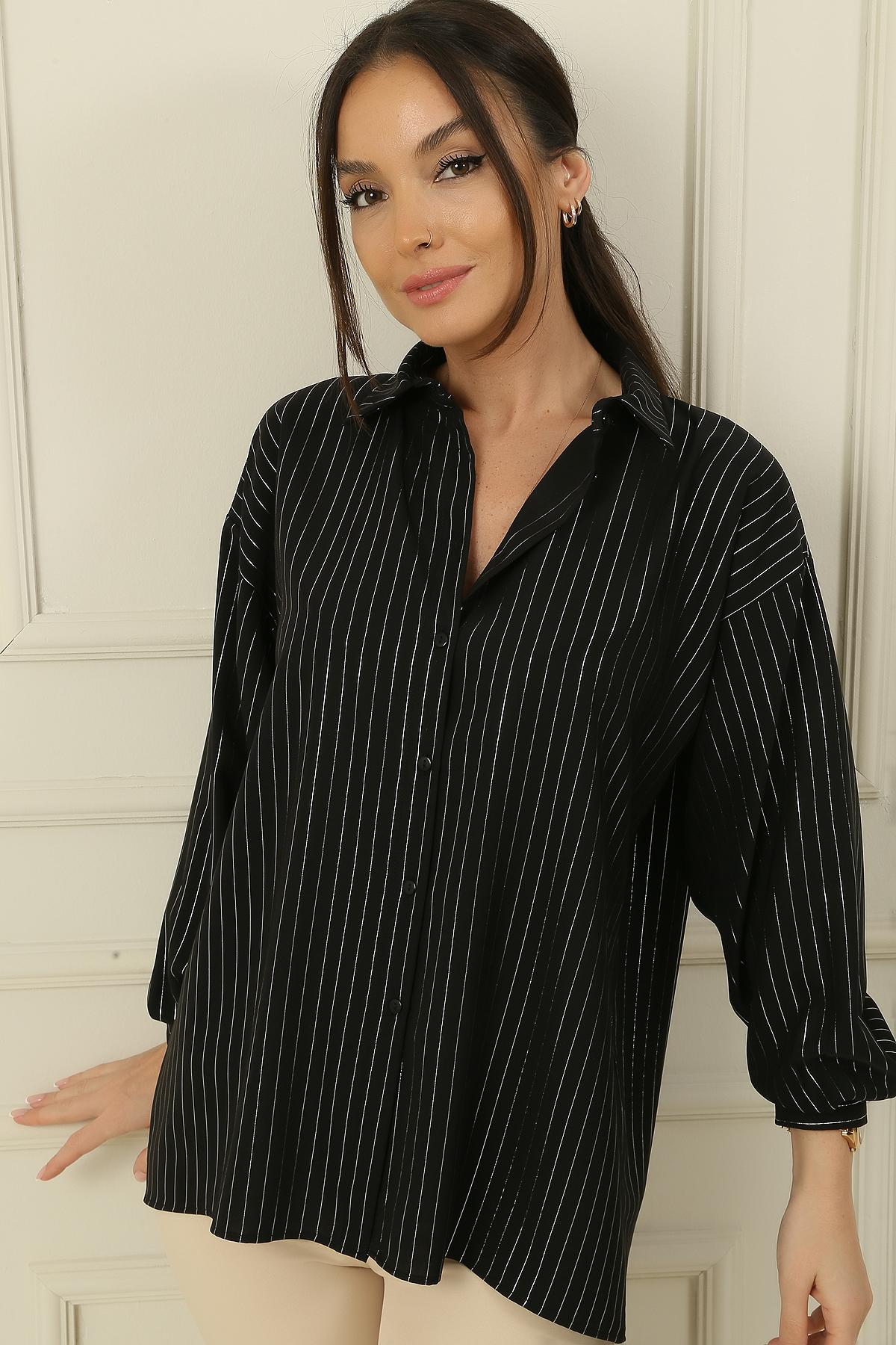 

Glittery String Striped Relaxed Fit Shirt M чорний